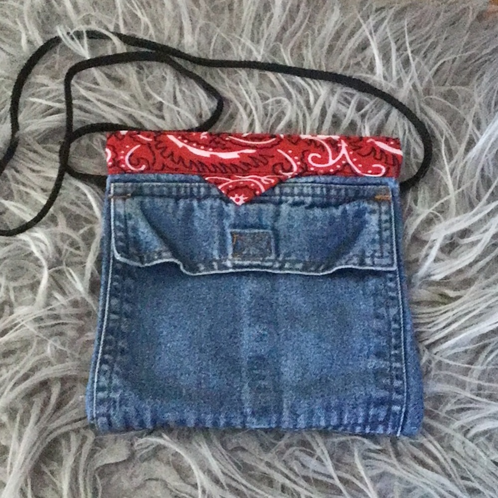 Cute Red and Blue Denim Crossbody Bag. Fun bag with Velcro closure. Never used.
